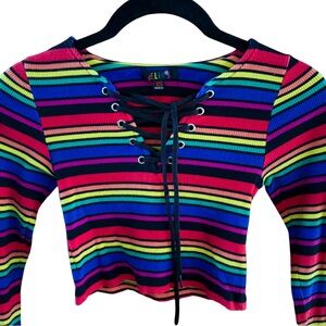 Delia’s Dolls Kill Rainbow Stripe Lace up Knit Crop Top.
